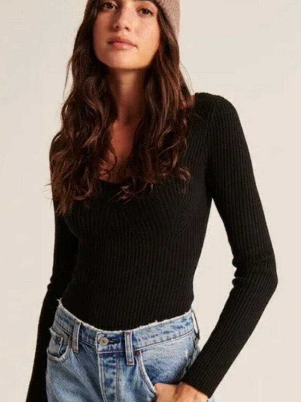 Abercrombie Long Sleeve Ribbed Sweater Bodysuit Black